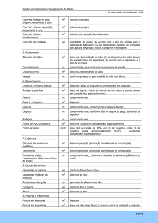 Noções de Orçamento e Planejamento de Obras 
Dr. Marco Aurélio Stumpf González – 2008 
24/49 
Concreto moldado in loco: 
preparo, lançamento e cura 
m3 volume de projeto 
Concreto usinado: aquisição, 
lançamento e cura 
m3 volume de projeto 
Concreto usinado: 
bombeamento 
m3 volume que necessita bombeamento 
Concreto pré-moldado un quantidade de peças, de acordo com o tipo (de acordo com o 
catálogo do fabricante ou por composição especial, se produzido 
pela própria empresa); incluir transporte e montagem; 
5. Fechamentos 
Alvenaria de tijolos m2 área real, descontando os vãos (os acabamentos dos vãos devem 
ser considerados em separado), de acordo com a espessura e o 
tipo de alvenaria 
Encunhamento m comprimento, de acordo com a espessura da parede 
Divisórias leves m2 área real, descontando os vãos 
Vergas m conforme projeto ou pela medida do vão mais 10cm 
6. Revestimentos 
Chapisco, emboço e reboco m2 área real (golas de esquadrias considerados em separado) 
Azulejos e pastilhas m2 área real (golas, faixas de menos de um metro e cantos devem 
ser considerados separadamente) 
Peitorís m comprimento real 
Pisos e contrapisos m2 área real 
Soleiras m comprimento real, conforme tipo e largura da peça 
Degraus m comprimento real, conforme tipo e largura da peça, somando os 
espelhos 
Rodapés m comprimento real 
Forros de PVC ou madeira m2 área real (acessórios considerados separadamente) 
Forros de gesso m/m2 área real acrescida de 50% por m de negativo (cada m de 
negativo custa aproximadamente 0,5m2) - acessórios 
considerados separadamente 
7. Cobertura 
Estrutura de madeira ou 
metálicas 
m2 área em projeção (inclinação considerada na composição) 
Telhamento m2 área em projeção (inclinação considerada na composição) 
Cumeeiras, calhas, 
capeamentos, algerozas e dutos 
de queda 
m comprimento real, conforme o tamanho do elemento (diâmetro ou 
corte) 
8. Esquadrias e vidros 
Esquadrias de madeira un conforme tamanhos e tipos 
Esquadrias metálicas ou 
m2 área real do vão 
plásticas 
Acabamento das golas m perímetro de alvenaria no vão 
Ferragens un conforme tipo e marca 
Vidros m2 área real do vão 
9. Pinturas e tratamentos 
Pintura em alvenarias m2 área real 
Pintura em esquadrias m2 área real das duas faces (consumo extra de material e mão-de- 
 