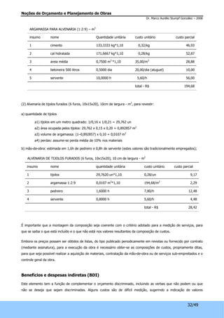 Noções de Orçamento e Planejamento de Obras 
Dr. Marco Aurélio Stumpf González – 2008 
ARGAMASSA PARA ALVENARIA (1:2:9) – m3 
insumo nome Quantidade unitária custo unitário custo parcial 
1 cimento 133,3333 kg*1,10 0,32/kg 46,93 
2 cal hidratada 171,6667 kg*1,10 0,28/kg 52,87 
3 areia média 0,7500 m3 *1,10 35,00/m3 28,88 
4 betoneira 500 litros 0,5000 dia 20,00/dia (aluguel) 10,00 
5 servente 10,0000 h 5,60/h 56,00 
total - R$ 194,68 
32/49 
(2) Alvenaria de tijolos furados (6 furos, 10x15x20), 10cm de largura - m2, para revestir: 
a) quantidade de tijolos 
a1) tijolos em um metro quadrado: 1/0,16 x 1/0,21 = 29,762 un 
a2) área ocupada pelos tijolos: 29,762 x 0,15 x 0,20 = 0,892857 m2 
a3) volume de argamassa: (1–0,892857) x 0,10 = 0,0107 m3 
a4) perdas: assume-se perda média de 10% nos materiais 
b) mão-de-obra: estimada em 1,6h de pedreiro e 0,8h de servente (estes valores são tradicionalmente empregados); 
ALVENARIA DE TIJOLOS FURADOS (6 furos, 10x15x20), 10 cm de largura - m2 
insumo nome quantidade unitária custo unitário custo parcial 
1 tijolos 29,7620 un*1,10 0,28/un 9,17 
2 argamassa 1:2:9 0,0107 m3*1,10 194,68/m3 2,29 
3 pedreiro 1,6000 h 7,80/h 12,48 
4 servente 0,8000 h 5,60/h 4,48 
total - R$ 28,42 
É importante que a montagem da composição seja coerente com o critério adotado para a medição de serviços, para 
que se saiba o que está incluído e o que não está nos valores resultantes da composição de custos. 
Embora os preços possam ser obtidos de listas, do tipo publicado periodicamente em revistas ou fornecido por contrato 
(mediante assinatura), para a execução da obra é necessário obter-se as composições de custos, propriamente ditas, 
para que seja possível realizar a aquisição de materiais, contratação da mão-de-obra ou de serviços sub-empreitados e o 
controle geral da obra. 
Benefícios e despesas indiretas (BDI) 
Este elemento tem a função de complementar o orçamento discriminado, incluindo as verbas que não podem ou que 
não se deseja que sejam discriminadas. Alguns custos são de difícil medição, sugerindo a indicação de valores 
 