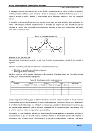 Noções de Orçamento e Planejamento de Obras 
Dr. Marco Aurélio Stumpf González – 2008 
As atividades podem ser executadas em série ou em paralelo (simultaneamente). No caso de ocorrência de atividades 
paralelas, com tempo distintos, surgem confusões, e devem ser empregadas as “Atividades Fantasmas”, como se vê na 
Figura 10, a seguir. O evento “fantasma” é uma atividade fictícia, destinada a equilibrar a rede, não consumindo 
recursos. 
As atividades condicionantes são elementos que precisam ocorrer para que outras atividades sejam executadas. Um 
evento é dito "atingido" se foram executadas todas as atividades que chegam nele. Uma atividade só pode ser 
executada se o evento inicial for atingido. Entre dois eventos sucessivos só pode existir uma atividade. Não podem 
existir ciclos ou circuitos na rede. 
44/49 
Figura 10 - Atividade Fantasma (E) 
Montagem de uma rede PERT-CPM 
O processo pode começar pelo final da obra ou pelo início. Os passos necessários para a execução de uma rede são os 
seguintes: 
Relacionar as atividades, atribuindo precedências e sub-seqüências de execução; 
1. Identificar as que podem ser realizadas em paralelo; 
2. Montar graficamente as relações; 
Quando o estudo da rede é realizado manualmente, são necessárias fichas para registro das informações de cada 
atividade, como a apresentada a seguir (Figura 11). 
Figura 11 - Quadro para registro dos dados da rede 
Obra: Número: 
Atividade Evento Duração Custo Observações 
Inicial Final Prevista Real Previsto Real 
Após a montagem da rede básica, pode ser determinado o tempo consumido entre o início e o fim da obra. O prazo total 
consiste na soma das durações das atividades no caminho mais desfavorável, chamado de caminho crítico. As atividades 
do caminho crítico são indicadas por uma linha dupla ou mais espessa que as demais. Os demais caminhos da rede, que 
têm menores tempos, apresentam folgas de execução. Pode existir mais de um caminho crítico. Eventualmente, todos 
os caminhos podem ser críticos, ou seja, nenhum apresenta folgas. 
Determinadas as folgas, os eventos dos caminhos não-críticos podem receber variações em seus inícios e/ou finais. O 
primeiro momento em que uma atividade pode ser executada é chamado de Primeira Data de Início, Data Mais Cedo ou 
simplesmente Cedo. Da mesma forma, o último momento de execução de uma atividade é a Data Mais Tarde, Última 
 