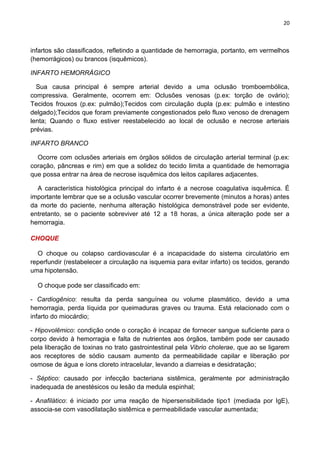 20
infartos são classificados, refletindo a quantidade de hemorragia, portanto, em vermelhos
(hemorrágicos) ou brancos (isquêmicos).
INFARTO HEMORRÁGICO
Sua causa principal é sempre arterial devido a uma oclusão tromboembólica,
compressiva. Geralmente, ocorrem em: Oclusões venosas (p.ex: torção de ovário);
Tecidos frouxos (p.ex: pulmão);Tecidos com circulação dupla (p.ex: pulmão e intestino
delgado);Tecidos que foram previamente congestionados pelo fluxo venoso de drenagem
lenta; Quando o fluxo estiver reestabelecido ao local de oclusão e necrose arteriais
prévias.
INFARTO BRANCO
Ocorre com oclusões arteriais em órgãos sólidos de circulação arterial terminal (p.ex:
coração, pâncreas e rim) em que a solidez do tecido limita a quantidade de hemorragia
que possa entrar na área de necrose isquêmica dos leitos capilares adjacentes.
A característica histológica principal do infarto é a necrose coagulativa isquêmica. É
importante lembrar que se a oclusão vascular ocorrer brevemente (minutos a horas) antes
da morte do paciente, nenhuma alteração histológica demonstrável pode ser evidente,
entretanto, se o paciente sobreviver até 12 a 18 horas, a única alteração pode ser a
hemorragia.
CHOQUE
O choque ou colapso cardiovascular é a incapacidade do sistema circulatório em
reperfundir (restabelecer a circulação na isquemia para evitar infarto) os tecidos, gerando
uma hipotensão.
O choque pode ser classificado em:
- Cardiogênico: resulta da perda sanguínea ou volume plasmático, devido a uma
hemorragia, perda líquida por queimaduras graves ou trauma. Está relacionado com o
infarto do miocárdio;
- Hipovolêmico: condição onde o coração é incapaz de fornecer sangue suficiente para o
corpo devido à hemorragia e falta de nutrientes aos órgãos, também pode ser causado
pela liberação de toxinas no trato gastrointestinal pela Vibrio cholerae, que ao se ligarem
aos receptores de sódio causam aumento da permeabilidade capilar e liberação por
osmose de água e íons cloreto intracelular, levando a diarreias e desidratação;
- Séptico: causado por infecção bacteriana sistêmica, geralmente por administração
inadequada de anestésicos ou lesão da medula espinhal;
- Anafilático: é iniciado por uma reação de hipersensibilidade tipo1 (mediada por IgE),
associa-se com vasodilatação sistêmica e permeabilidade vascular aumentada;
 