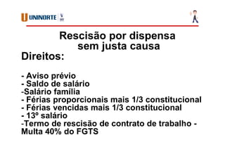 Rescisão por dispensa
sem justa causa
Direitos:
- Aviso prévio
- Saldo de salário
-Salário família
- Férias proporcionais mais 1/3 constitucional
- Férias vencidas mais 1/3 constitucional
- 13º salário
-Termo de rescisão de contrato de trabalho -
Multa 40% do FGTS
 