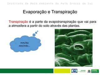 I n s t i t u t o d e M e i o A m b i e n t e d e M a t o G r o s s o d o S u l
Evaporação e Transpiração
21
Transpiração é a parte da evapotranspiração que vai para
a atmosfera a partir do solo através das plantas.
mm/dia
mm/mês...
 
