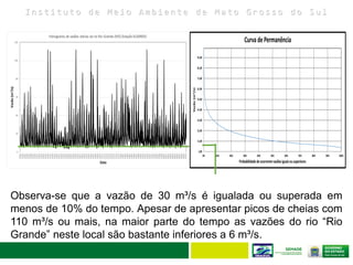 I n s t i t u t o d e M e i o A m b i e n t e d e M a t o G r o s s o d o S u l
1,00
11,00
21,00
31,00
41,00
51,00
61,00
71,00
81,00
91,00
0% 10% 20% 30% 40% 50% 60% 70% 80% 90% 100%
Vazão(m3/s)
Probabilidadedeocorreremvazõesiguaisousuperiores
CurvadePermanência
Observa-se que a vazão de 30 m³/s é igualada ou superada em
menos de 10% do tempo. Apesar de apresentar picos de cheias com
110 m³/s ou mais, na maior parte do tempo as vazões do rio “Rio
Grande” neste local são bastante inferiores a 6 m³/s.
 