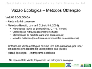 I n s t i t u t o d e M e i o A m b i e n t e d e M a t o G r o s s o d o S u l
Vazão Ecológica – Métodos Obtenção
VAZÃO ECOLÓGICA
• Ainda não há consenso
• Métodos (Benetti, Lanna & Cobalchini, 2003):
• Hidrológicos (curva de permanência, Q7,10, Tennant)
• Classificação hidráulica (perímetro molhado)
• Classificação de habitats (para uma dada espécie)
• Métodos holísticos (para todos os componentes do ecossistema)
• Critérios de vazão ecológica mínima tem sido criticados, por focar
em apenas um aspecto da variabilidade das vazões
• Vazão ecológica → hidrograma ecológico
• No caso de Belo Monte, foi proposto um hidrograma ecológico
 