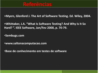Referências 
•Myers, Glenford J. The Art of Software Testing. Ed. Wiley, 2004. 
•Whittaker, J.A. “What Is Software Testing? And Why Is It So 
Hard? ”. IEEE Software, Jan/Fev 2000, p. 70-79. 
•Sembugs.com 
•www.saltonacomputacao.com 
•Base de conhecimento em testes de software 
 
