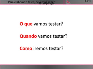 Salto 
na Computação Para elaborar o teste, devemos saber: 
O que vamos testar? 
Quando vamos testar? 
Como iremos testar? 
 
