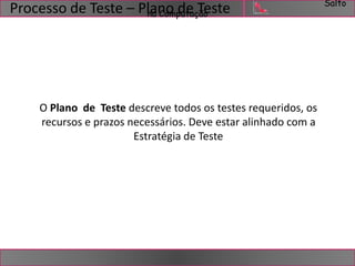 Salto 
na Computação Processo de Teste – Plano de Teste 
O Plano de Teste descreve todos os testes requeridos, os 
recursos e prazos necessários. Deve estar alinhado com a 
Estratégia de Teste 
 