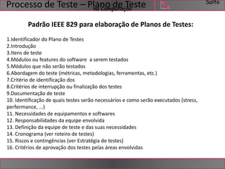 Salto 
Processo de Teste – Plano de Teste 
na Computação 
Padrão IEEE 829 para elaboração de Planos de Testes: 
1.Identificador do Plano de Testes 
2.Introdução 
3.Itens de teste 
4.Módulos ou features do software a serem testados 
5.Módulos que não serão testados 
6.Abordagem do teste (métricas, metodologias, ferramentas, etc.) 
7.Critério de identificação dos 
8.Critérios de interrupção ou finalização dos testes 
9.Documentação de teste 
10. Identificação de quais testes serão necessários e como serão executados (stress, 
performance, ...) 
11. Necessidades de equipamentos e softwares 
12. Responsabilidades da equipe envolvida 
13. Definição da equipe de teste e das suas necessidades 
14. Cronograma (ver roteiro de testes) 
15. Riscos e contingências (ver Estratégia de testes) 
16. Critérios de aprovação dos testes pelas áreas envolvidas 
 
