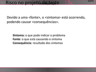 Salto 
Risco no projetonadCoem ptuteaçsãtoe 
Devido a uma <fonte>, o <sintoma> está ocorrendo, 
podendo causar <consequências>. 
Sintoma: o que pode indicar o problema 
Fonte: o que está causando o sintoma 
Consequência: resultado dos sintomas 
 