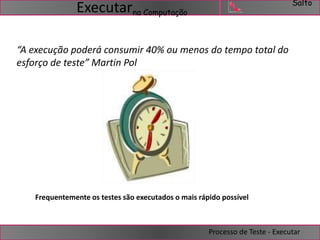 Salto 
na Computação 
“A execução poderá consumir 40% ou menos do tempo total do 
esforço de teste” Martin Pol 
Frequentemente os testes são executados o mais rápido possível 
Processo de Teste - Executar 
Executar 
 