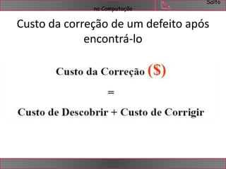 Salto 
na Computação 
Custo da correção de um defeito após 
encontrá-lo 
 