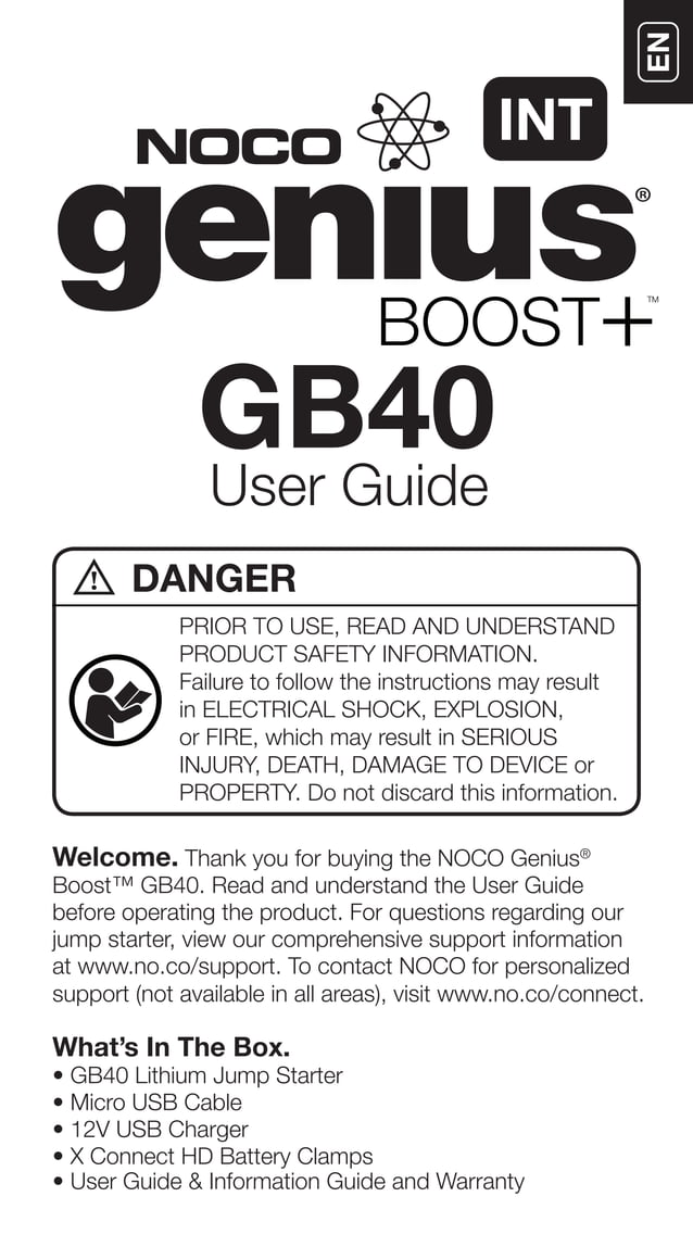 NOCO Genius Boost Plus GB40 Jump Starter User Manual PDF