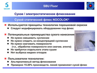 SBU Fluor
SBU Fluor

Сухое / электростатическое флюсование
Сухой статический флюс NOCOLOK®
 Используются принципы технологии порошковой окраски
Следует модифицировать оборудование под флюс

 Потенциальные преимущества сухого нанесения
Не нужно смешивать суспензии
Не нужно следить за концентрацией суспензии
Не нужно смачивать поверхности
(т.е., обработки поверхности или смачив. агента)
Не требуется отдельного этапа сушки
Нет выброса жидких отходов

 Пользователи технологии:
Альтернативный метод флюсования
Примерно 15-20% производств. линий применяют сухой флюс

 