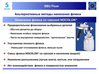 SBU Fluor
SBU Fluor

Альтернативные методы нанесения флюса
Нанесение флюса со связкой NOCOLOK®
 Предварительное флюсование выбранных деталей
- Обычно делается до сборки
- Нанесение особых загрузок флюса
- Часто на внутренних поверхностях, “критических” местах

 Улучшенная липкость флюса
- Уменьшает отслаивание флюса, меньше пыли

 Смесь флюса NOCOLOK® со связкой и носителем (водой!)
 Нанесение распылением (лучше всего), кистью, или погружением
 Нет взаимодействия флюса и поверхностью алюминия

 