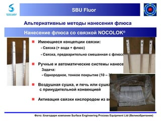 SBU Fluor
SBU Fluor

Альтернативные методы нанесения флюса
Нанесение флюса со связкой NOCOLOK®
 Имеющиеся концепции связки:
- Связка (+ вода + флюс)
- Связка, предварительно смешанная с флюсом NOCOLOK®

 Ручные и автоматические системы нанесения
Задача:
- Однородное, тонкое покрытие (10 – 30 мкм)

 Воздушная сушка, и печь или сушка с
с принудительной конвекцией
 Активация связки кислородом из воздуха

Фото: благодаря компании Surface Engineering Process Equipment Ltd (Великобритания)

 