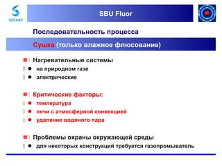 SBU Fluor
SBU Fluor

Последовательность процесса
Сушка (только влажное флюсование)
Нагревательные системы
 на природном газе
 электрические

Критические факторы:
 температура
 печи с атмосферной конвекцией
 удаление водяного пара

Проблемы охраны окружающей среды
 для некоторых конструкций требуется газопромыватель

 