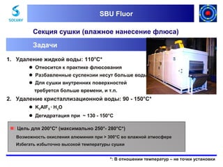 SBU Fluor
SBU Fluor

Секция сушки (влажное нанесение флюса)
Задачи
1. Удаление жидкой воды: 110°C*
 Относится к практике флюсования
 Разбавленные суспензии несут больше воды
 Для сушки внутренних поверхностей
требуется больше времени, и т.п.

2. Удаление кристаллизационной воды: 90 - 150°C*
 K2AlF5 · H2O
 Дегидратация при ~ 130 - 150°C
 Цель для 200°C* (максимально 250°- 280°C*)
Возможность окисления алюминия при > 300°C во влажной атмосфере
Избегать избыточно высокой температуры сушки
*: В отношении температур – не точки установки

 