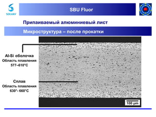 SBU Fluor
SBU Fluor

Припаиваемый алюминиевый лист
Микроструктура – после прокатки

Al-Si оболочка
Область плавления
577–610°C

Сплав
Область плавления
630°- 660°C

 