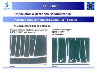 SBU Fluor
SBU Fluor

Обращение с металлом-заполнителем
Растворение сплава сердцевины / Эрозия
Соединения ребер с трубой
Толщина стенки трубы не уменьшается
610°C (1130°F) за 2 минуты

Эрозия стенки трубы
625°C (1157°F)
за 2 минуты

M86708

M86709

 