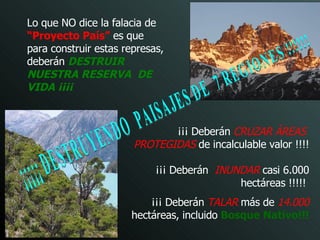 ¡¡¡ Deberán   CRUZAR ÁREAS  PROTEGIDAS   de incalculable valor !!!! ¡¡¡ Deberán   INUNDAR   casi 6.000 hectáreas !!!!!   ¡¡¡ Deberán   TALAR   más de   14.000   hectáreas, incluido   Bosque Nativo!!! ¡¡¡¡¡ DESTRUYENDO  PAISAJES DE  7 REGIONES !!!!!! Lo que NO dice la falacia de   “Proyecto País”   es que para construir estas represas, deberán   DESTRUIR NUESTRA RESERVA  DE VIDA ¡¡¡¡ 