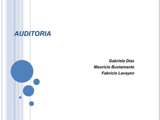 AUDITORIA


                   Gabriela Díaz
            Mauricio Bustamante
               Fabricio Lavayen
 