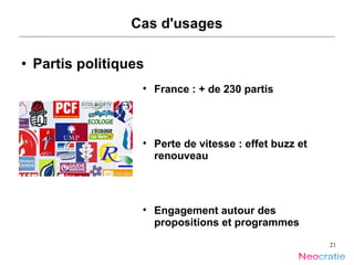Cas d'usages Partis politiques France : + de 230 partis Perte de vitesse : effet buzz et renouveau Engagement autour des propositions et programmes 