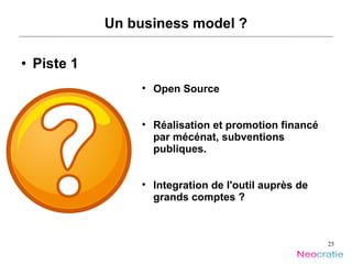Un business model ? Piste 1 Open Source Réalisation et promotion financé par mécénat, subventions publiques. Integration de l'outil auprès de grands comptes ? 