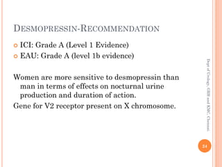 DESMOPRESSIN-RECOMMENDATION
 ICI: Grade A (Level 1 Evidence)
 EAU: Grade A (level 1b evidence)
Women are more sensitive to desmopressin than
man in terms of effects on nocturnal urine
production and duration of action.
Gene for V2 receptor present on X chromosome.
24
Dept
of
Urology,
GRH
and
KMC,
Chennai.
 