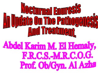 Nocturnal Enuresis An Update On The Pathogenesis  And Treatment. Abdel Karim M. El Hemaly, F.R.C.S.-M.R.C.O.G. Prof. Ob/Gyn. Al Azhar  