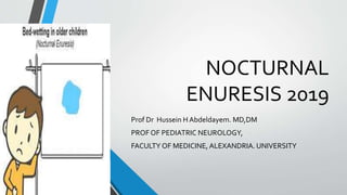 NOCTURNAL
ENURESIS 2019
Prof Dr Hussein H Abdeldayem. MD,DM
PROF OF PEDIATRIC NEUROLOGY,
FACULTY OF MEDICINE, ALEXANDRIA. UNIVERSITY
 