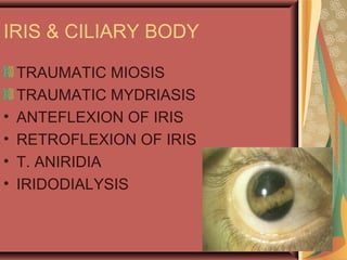 IRIS & CILIARY BODY
TRAUMATIC MIOSIS
TRAUMATIC MYDRIASIS
• ANTEFLEXION OF IRIS
• RETROFLEXION OF IRIS
• T. ANIRIDIA
• IRIDODIALYSIS
 
