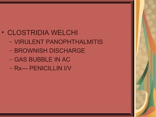 • CLOSTRIDIA WELCHI
– VIRULENT PANOPHTHALMITIS
– BROWNISH DISCHARGE
– GAS BUBBLE IN AC
– Rx— PENICILLIN I/V
 