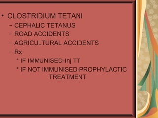• CLOSTRIDIUM TETANI
– CEPHALIC TETANUS
– ROAD ACCIDENTS
– AGRICULTURAL ACCIDENTS
– Rx
* IF IMMUNISED-Inj TT
* IF NOT IMMUNISED-PROPHYLACTIC
TREATMENT
 