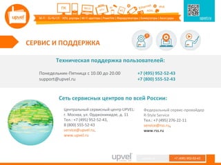 Сеть сервисных центров по всей России:
Техническая поддержка пользователей:
+7 (495) 952-52-43
+7 (800) 555-52-43
Центральный сервисный центр UPVEL:
г. Москва, ул. Орджоникидзе, д. 11
Тел.: +7 (495) 952-52-43,
8 (800) 555-52-43
service@upvel.ru,
www.upvel.ru
СЕРВИС И ПОДДЕРЖКА
Федеральный сервис-провайдер
R-Style Service
Тел.: +7 (495) 276-22-11
service@rss.ru,
www.rss.ru
+7 (495) 952-52-43upvel.ru
Понедельник-Пятница с 10.00 до 20.00
support@upvel.ru
 