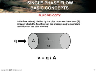 14Copyright 2007, , All rights reserved
SINGLE PHASE FLOW
BASIC CONCEPTS
FLUID VELOCITY
Is the flow rate (q) divided by the pipe cross sectional area (A)
through which the fluid flows at the pressure and temperature
conditions of the pipe element
q A
v
v = q / A
P,T
 