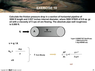 20Copyright 2007, , All rights reserved
EXERCISE 10
SINGLE PHASE FLOW
Calculate the friction pressure drop in a section of horizontal pipeline of
3000 ft length and 3.937 inches internal diameter, where 5000 STB/D of 0.9 sp. gr.
oil with a viscosity of 5 cps oil are flowing. The absolute pipe wall roughness
is 0.006 ft.
∆P ρ v 2
( )f = f
∆L 2 g d
q A
v
1cps= 0.00067197 lbm/ft-sec
1 Bbl=5,615 Ft3
1 day=86400 sec
v = q / A
dvρ
NRe =
µ
f from Moody
ε/D
sol
 