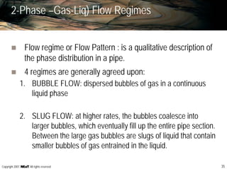 35Copyright 2007, , All rights reserved
2-Phase –Gas-Liq) Flow Regimes
Flow regime or Flow Pattern : is a qualitative description of
the phase distribution in a pipe.
4 regimes are generally agreed upon:
1. BUBBLE FLOW: dispersed bubbles of gas in a continuous
liquid phase
2. SLUG FLOW: at higher rates, the bubbles coalesce into
larger bubbles, which eventually fill up the entire pipe section.
Between the large gas bubbles are slugs of liquid that contain
smaller bubbles of gas entrained in the liquid.
 