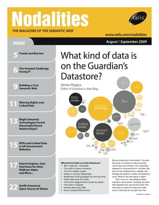 Nodalities
The mAgAzine of The SemAnTic Web
                                                                                                                                                                          www.talis.com/nodalities

INSIDE                                                                                                                                                                     August / September 2009


5    Trends and Barriers
                              What kind of data is
6    The Greatest Challenge
     Facing IT
                              on the Guardian’s
                              Datastore?
9
                                                                                                                                                                                                                               Wages
                                                                                                                                                                                                                               £30bn

     Building a Civic         Simon Rogers,                                                                                                                                                                                                                                General and acute


     Semantic Web             Editor of Guardian’s data Blog
                                                                                                                                                                                                                                                                           £27.5bn




                                                 HM Revenue                                                                                                                                                                                                                          Mental illness

                                                 and Customs                                                                                                                                                                                                                         £6.6bn




11
                                                 £30.9bn
                                                                                                                                                                                                                               NHS
                                                                                        Child Trust
                                                                                                                                                                                                                               £90.7bn
     Waiving Rights over
                                                                            (9)         Fund
                                                                                        £0.24bn
                                                                                                                                                                                                                                                                                      Community


     Linked Data
                                                                                                                                                                                                                                                                                      health
                                                                                                                                      Department of Health                                                                                                                            services
                                                                                                                                                                                                                                                                                      £5.6bn

                                                                                  Child bene t
                                                                                  £10.6bn                                             £105.7bn                                      (6)
                                                                                                                                                                                                                                                                              £2bn       Learning
                                                                                                                                                                                                                                                                                         di culties
                                                 Tax credits
                                                 £19.5bn       (9)                                                                                                                                                                                                Other
                                                                                                                                                                                                                                                                  £2bn                            UK trade &
                                                                                                                                                                                                                                                                                                  investment
                                                                                                                                                                                                                                                     £1.7bn
                                                                                                                                                                                                                                                              Accident &                          £0.088bn     (15)
                                                                                                                                                                                                                                       £1.6bn




13
                                                                                                                                                                                                         NHS pensions                                         emergency
                                                                                                                                                                                                         £14bn                         Maternity


     Might Semantic                                                                                                                                                   Personal      £2.1bn

     Technologies Permit
                                                                                                                                                                      social
                                                                                                                                                                      services
                                                                                                                                                                                                                    National School
                                                                     Communities and                                                                                                                                of Government
                                                                                                                                                                                                                                                           General schools' spending

     Meaningful Brand                                                Local Government                                                                                                                               £0.003bn
                                                                                                                                                                                                                                                           £31.7bn


                                                                     £34.3bn
     Relationships?                                                                                                                        Department for Children,                                                                                                                                      O ce for National
                                       Spending by local and
                                       regional government
                                                                                                                                           Schools and Families                                                                                                                                          Statistics (ONS)
                                                                                                                                                                                                                     Schools

                                                                                                                                           £60.9bn
                                                                                                                                                                                                                                                                                                         £0.159bn
                                       £23.7bn
                                                                                                      Other                                                               (3)                                        £41.2bn                                  £4.0bn         Investment in
                                                                                                      spending                                                                                                                                                               school buildings
                                                                     Improving
                                                                     supply & quality                 £3.7bn
                                                                     of housing
                                                                     £6.9bn                                                                                                                                                                                        Sixth form funding
                                                                                                                             £0.3bn                                                                                                                      £2.0bn    (through learning
                                                                                                                                                                                                                                                                   and skills council)
                                                                                                                              Other




15
                                                                                                                                                                                                                                                £1.8bn    Other schools


     RDFa and Linked Data
                                                                                                                                      Children &                                                                                                          spending
                                                                                                                                      families                                            Teachers' pension                £0.6bn £1.1bn
                                                                                                                                      £2.9bn                                              scheme
                                                                                                                                                                                          £10.7bn                              ICT     Academies &


     in UK Government
                                                                                                       Other spending                                      Young people                                                                specialist
                                                                                                       on services for       £1.2bn
                                                                                                       children & families                                 £5.8bn                                                                      schools
                                                                                                                                      £1.8bn


     Websites                                                                                                                         Sure Start       £0.6bn

                                                                                                                                                   Education
                                                                                                                                                             £0.8bn
                                                                                                                                                                            £4.5bn
                                                                                                                                                                                              Learning & Skills
                                                                                                                                                                                              Council (excluding
                                                                                                                                                                                              sixth form funding)

                                                                                                                                                   maintenance
                                                                                                                                                   allowance      Other spending
                                                                                                                                                                  on services for
                                                                                                                                                                  young people




                                                                                                                                                                                                    We are drowning in information. The web


17   Search Engines, User     What kind of data is on the Datastore?                                                                                                                                has given us access to data we would
                              •	   MPs’ expenses—full details                                                                                                                                       never have found before, from specialist
     Interfaces for Data,
                              •	   The world in carbon emissions                                                                                                                                    datasets to macroeconomic minutiae. But,
     Wolfram Alpha            •	   The US in plastic surgery                                                                                                                                        look for the simplest fact or statistic and
     and More...              •	   Deaths in iraq and Afghanistan                                                                                                                                   Google will present a million contradictory
                              •	   Breakdown of UK population by race and area                                                                                                                      ones. Where’s the best place to start?
                              •	   Public debt since the 1970s                                                                                                                                         That’s how our new datajournalism
                              •	   The world’s biggest banks ranked by assets                                                                                                                       operation came about. Everyday we work


22
                              •	   The world in refugees                                                                                                                                            with datasets from around the world. We
     Garlik Announce
                              •	   Interest rates since 1694                                                                                                                                        have had to check this data and make
     Open-Source of 4Store    •	   Every Guardian/ICM poll ever                                                                                                                                     sure it’s the best we can get, from the
                                                                                                                                                                                                                                                                                continued on page 3
 