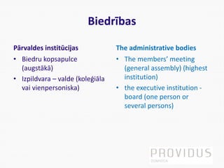 Biedrības
Pārvaldes institūcijas
• Biedru kopsapulce
(augstākā)
• Izpildvara – valde (koleģiāla
vai vienpersoniska)
The administrative bodies
• The members’ meeting
(general assembly) (highest
institution)
• the executive institution -
board (one person or
several persons)
 