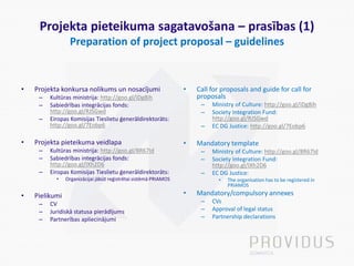Projekta pieteikuma sagatavošana – prasības (1)
Preparation of project proposal – guidelines
• Projekta konkursa nolikums un nosacījumi
– Kultūras ministrija: http://goo.gl/iDg8ih
– Sabiedrības integrācijas fonds:
http://goo.gl/RJSGwd
– Eiropas Komisijas Tieslietu ģenerāldirektorāts:
http://goo.gl/7Eobp6
• Projekta pieteikuma veidlapa
– Kultūras ministrija: http://goo.gl/8R67Id
– Sabiedrības integrācijas fonds:
http://goo.gl/IXh2D6
– Eiropas Komisijas Tieslietu ģenerāldirektorāts:
• Organizācijai jābūt reģistrētai sistēmā PRIAMOS
• Pielikumi
– CV
– Juridiskā statusa pierādījums
– Partnerības apliecinājumi
• Call for proposals and guide for call for
proposals
– Ministry of Culture: http://goo.gl/iDg8ih
– Society Integration Fund:
http://goo.gl/RJSGwd
– EC DG Justice: http://goo.gl/7Eobp6
• Mandatory template
– Ministry of Culture: http://goo.gl/8R67Id
– Society Integration Fund:
http://goo.gl/IXh2D6
– EC DG Justice:
• The organisation has to be registered in
PRIAMOS
• Mandatory/compulsory annexes
– CVs
– Approval of legal status
– Partnership declarations
 
