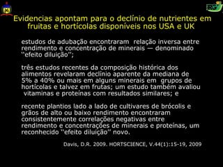 Evidencias apontam para o declínio de nutrientes em
    fruitas e hortícolas disponíveis nos USA e UK

  estudos de adubação encontraram relação inversa entre
  rendimento e concentração de minerais — denominado
  ‘‘efeito diluição’’;

  três estudos recentes da composição histórica dos
  alimentos revelaram declínio aparente da mediana de
  5% a 40% ou mais em alguns minerais em grupos de
  hortícolas e talvez em frutas; um estudo também avaliou
   vitaminas e proteínas com resultados similares; e

  recente plantios lado a lado de cultivares de brócolis e
  grãos de alto ou baixo rendimento encontraram
  consistentemente correlações negativas entre
  rendimento e concentrações de minerais e proteínas, um
  reconhecido ‘‘efeito diluição’’ novo.
               Davis, D.R. 2009. HORTSCIENCE, V.44(1):15-19, 2009
 