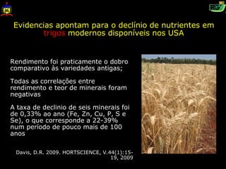 Evidencias apontam para o declínio de nutrientes em
         trigos modernos disponíveis nos USA


Rendimento foi praticamente o dobro
comparativo às variedades antigas;

Todas as correlações entre
rendimento e teor de minerais foram
negativas

A taxa de declinio de seis minerais foi
de 0,33% ao ano (Fe, Zn, Cu, P, S e
Se), o que corresponde a 22-39%
num período de pouco mais de 100
anos

 Davis, D.R. 2009. HORTSCIENCE, V.44(1):15-
                                   19, 2009
 