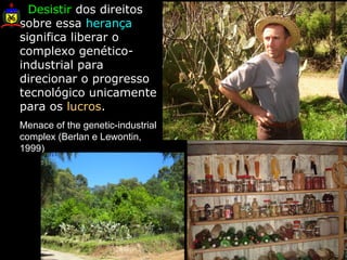 . Desistir dos direitos
sobre essa herança
significa liberar o
complexo genético-
industrial para
direcionar o progresso
tecnológico unicamente
para os lucros.
Menace of the genetic-industrial
complex (Berlan e Lewontin,
1999)
 