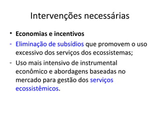 Intervenções necessárias
• Economias e incentivos
- Eliminação de subsídios que promovem o uso
  excessivo dos serviços dos ecossistemas;
- Uso mais intensivo de instrumental
  econômico e abordagens baseadas no
  mercado para gestão dos serviços
  ecossistêmicos.
 