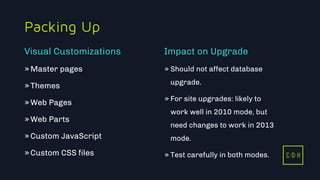 C D H
Packing Up
»Master pages
»Themes
»Web Pages
»Web Parts
»Custom JavaScript
»Custom CSS files
» Should not affect database
upgrade.
» For site upgrades: likely to
work well in 2010 mode, but
need changes to work in 2013
mode.
» Test carefully in both modes.
Visual Customizations Impact on Upgrade
C D H
 