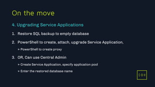 11/3/2015 36
C D H
On the move
1. Restore SQL backup to empty database
2. PowerShell to create, attach, upgrade Service Application,
» PowerShell to create proxy
3. OR, Can use Central Admin
» Create Service Application, specify application pool
» Enter the restored database name
4. Upgrading Service Applications
C D H
 
