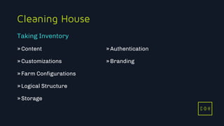 11/3/2015 6
C D H
Cleaning House
»Content
»Customizations
»Farm Configurations
»Logical Structure
»Storage
»Authentication
»Branding
Taking Inventory
C D H
 