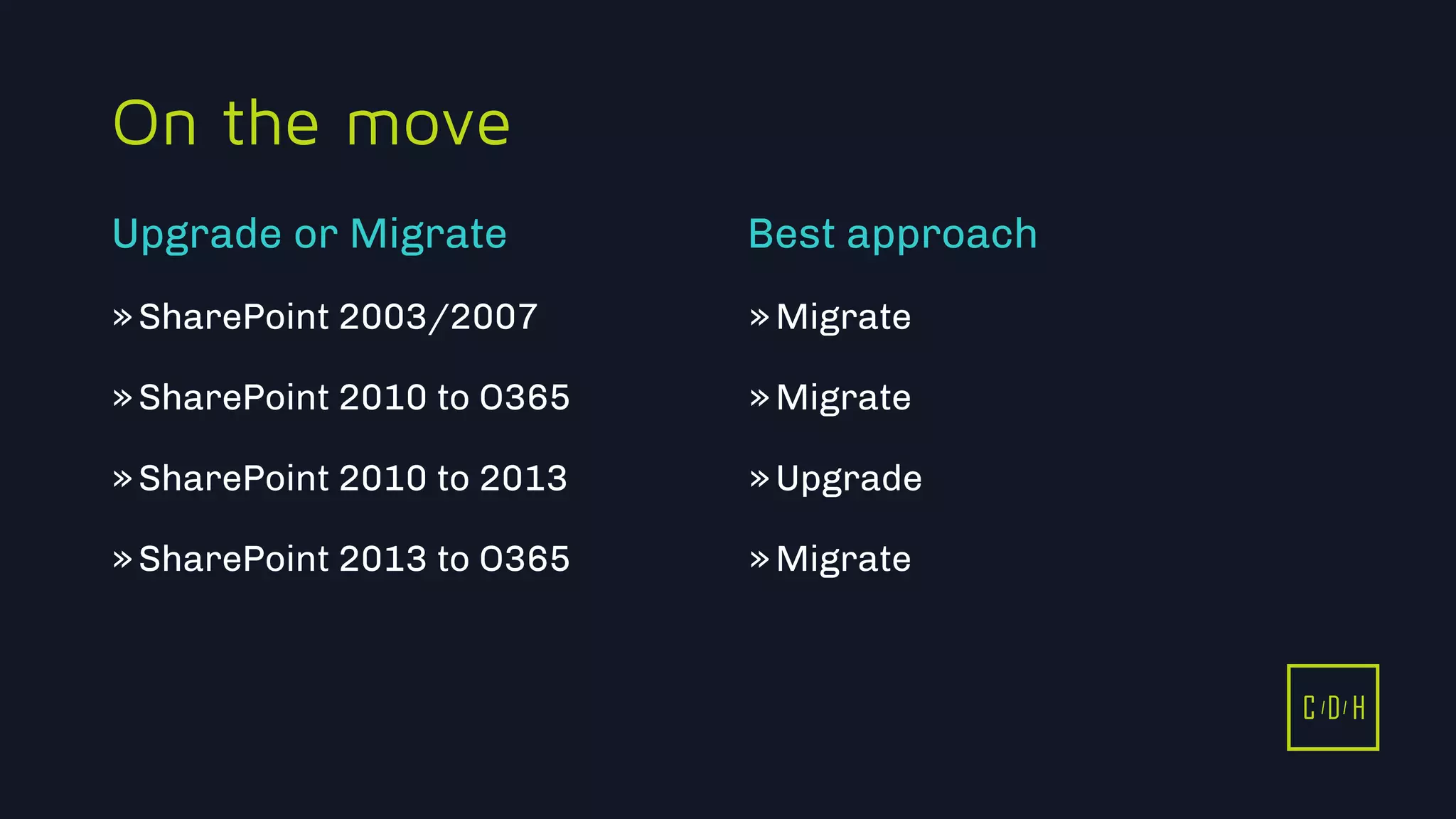 C D H
On the move
»SharePoint 2003/2007
»SharePoint 2010 to O365
»SharePoint 2010 to 2013
»SharePoint 2013 to O365
»Migrate
»Migrate
»Upgrade
»Migrate
Upgrade or Migrate Best approach
C D HC D H
 