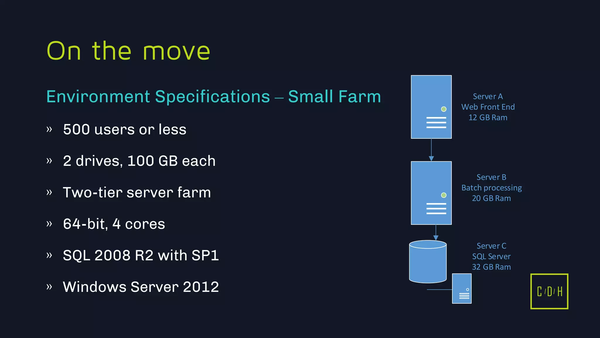 11/3/2015 29
C D H
On the move
» 500 users or less
» 2 drives, 100 GB each
» Two-tier server farm
» 64-bit, 4 cores
» SQL 2008 R2 with SP1
» Windows Server 2012
Environment Specifications – Small Farm Server A
Web Front End
12 GB Ram
Server B
Batch processing
20 GB Ram
Server C
SQL Server
32 GB Ram
C D H
 