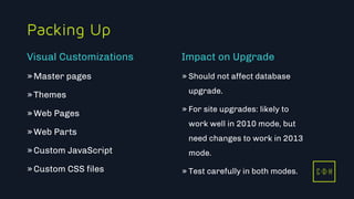 C D H
Packing Up
»Master pages
»Themes
»Web Pages
»Web Parts
»Custom JavaScript
»Custom CSS files
» Should not affect database
upgrade.
» For site upgrades: likely to
work well in 2010 mode, but
need changes to work in 2013
mode.
» Test carefully in both modes.
Visual Customizations Impact on Upgrade
C D H
 